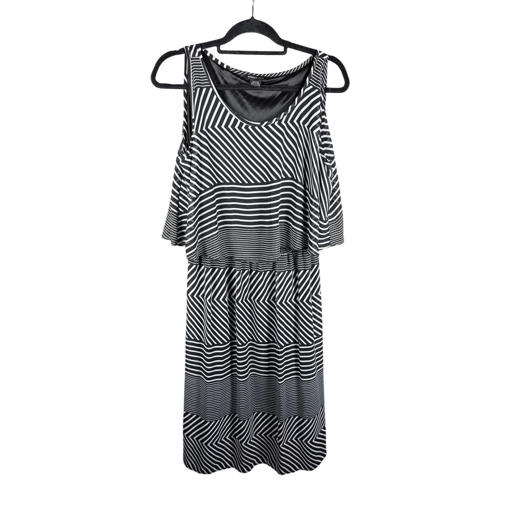 Robert Louis Dress Womens L Black White Geometric Stripe‎ Cold Shoulder Lined